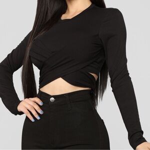 Fashion Nova Black Long Sleeve Twist Front Top